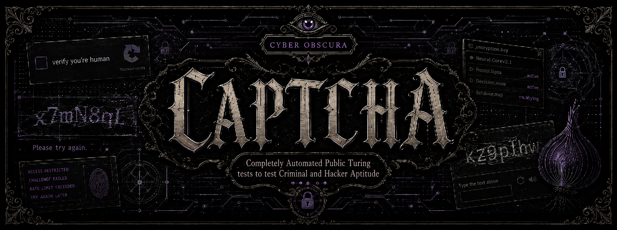 Banner for Aptitude Test: the word CAPTCHA in tarnished gold blackletter inside an ornate dark frame, surrounded by faded mock verification widgets and a teal onion silhouette.