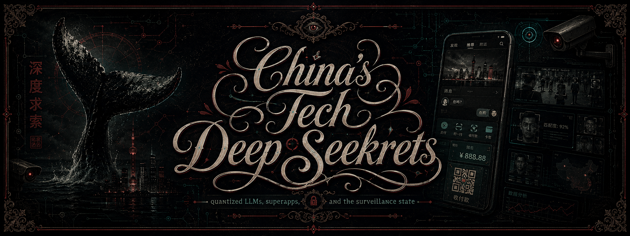 Banner for China's Tech Deep Seekrets: blackletter title beside Chinese script motifs, a great wall silhouette, and a stylised model architecture in teal.