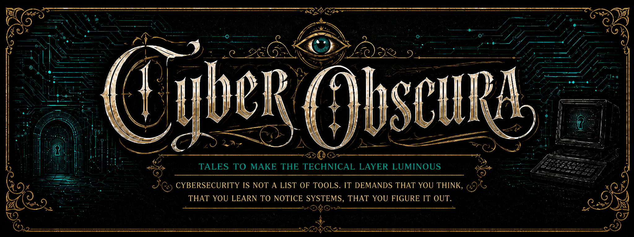 Cyber Obscura banner: ornate Victorian title flanked by a keyhole and a glowing terminal, against a dark engraved background of circuit traces.