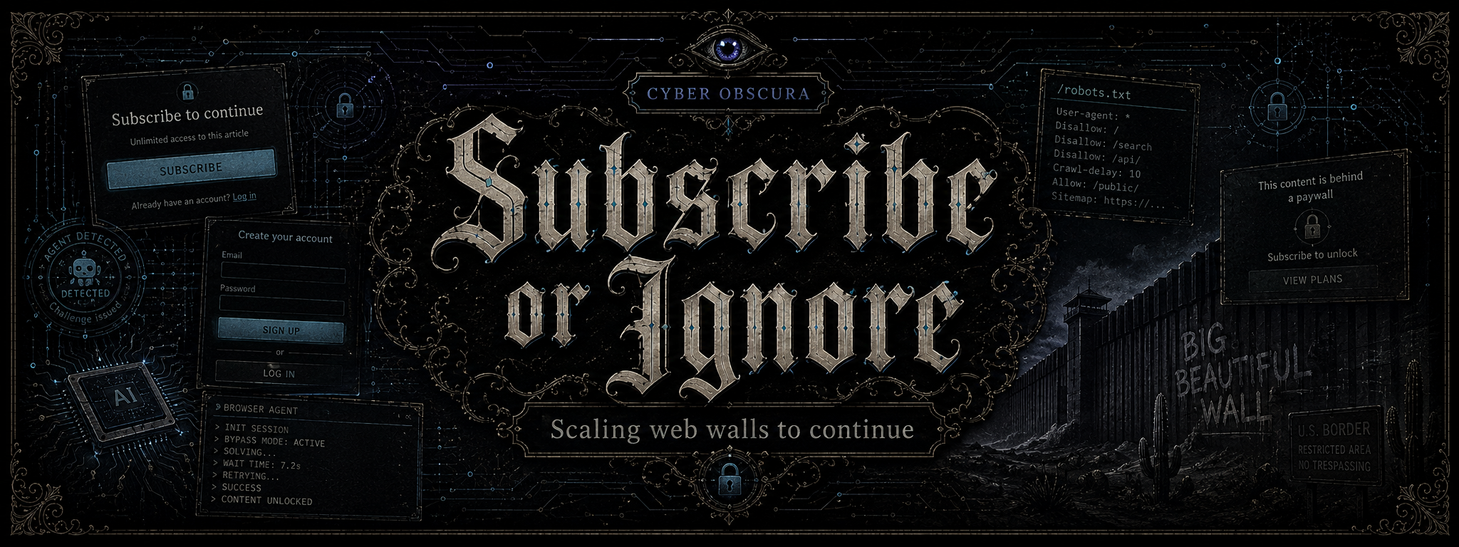 Banner for Scaling Paywalls: blackletter Subscribe or Ignore inside an ornate dark frame, with faded subscription dialogs and a battlement labelled BIG BEAUTIFUL WALL.