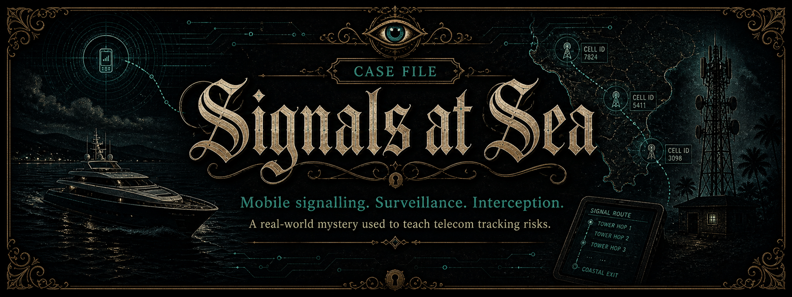Banner for Signals at Sea: a yacht silhouetted against a dark coast, with cell tower diagrams and tracked routes drawn in teal.