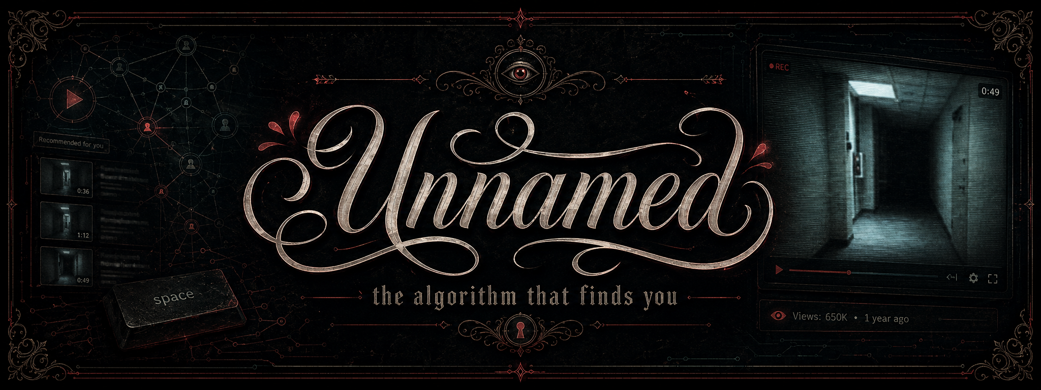 Banner for Unnamed: blackletter title over an empty metadata form and a stylised algorithmic graph, with traces of invisible Unicode characters in teal.
